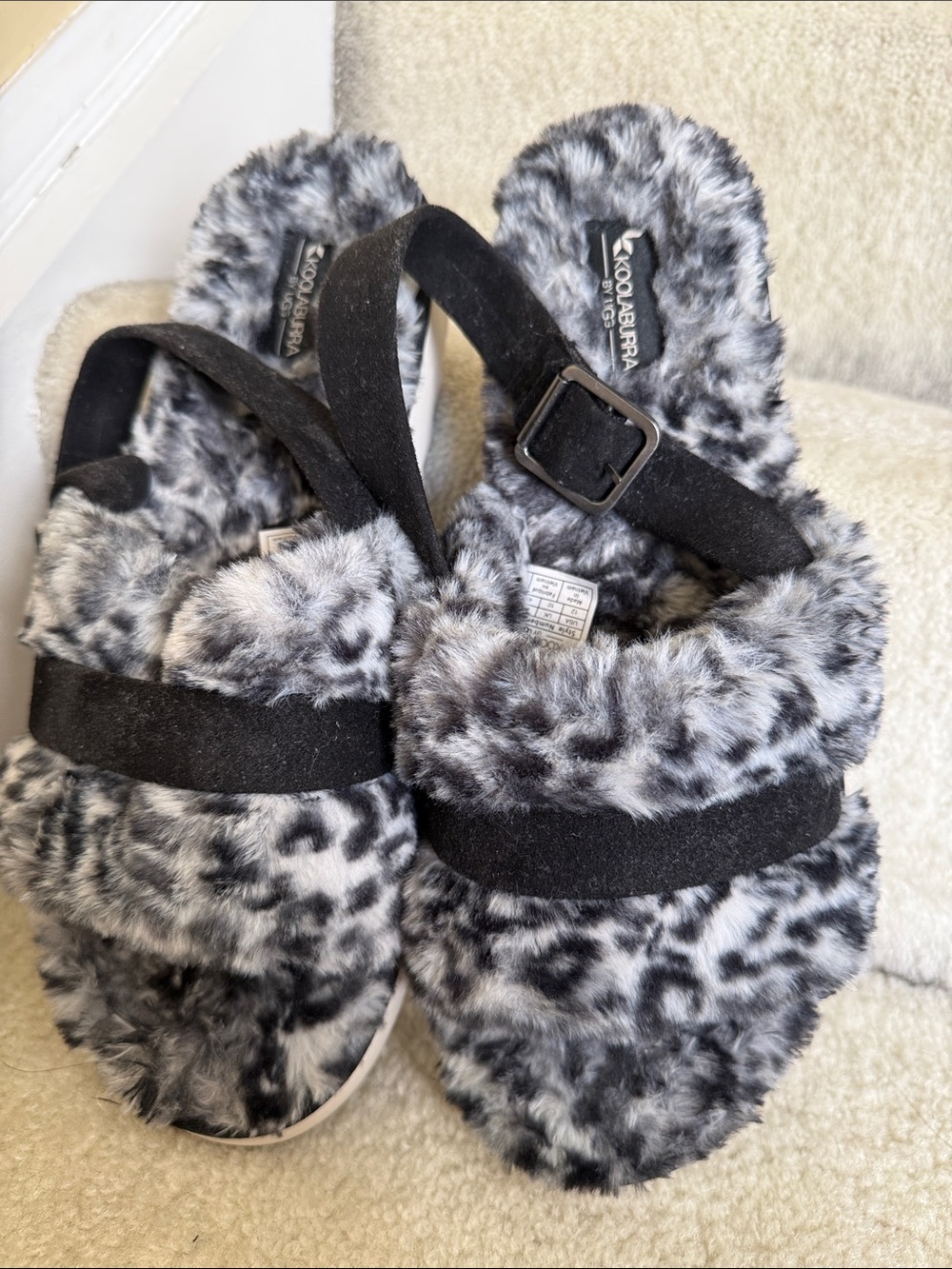 UGG Koolaburra Fuzz’d out cheetah Faux Fur Slide Sandals with Buckle Strap